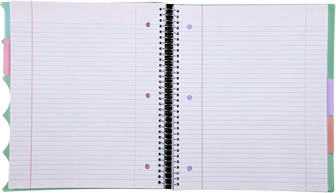 Mintra Office Durable PREMIUM Spiral Notebook, ((Sage Green, 5 Subject (8.5in x 11in)), Fabric Covered Coils, No Snags, College Ruled, Adjustable Pocket Dividers, Ruler, Organization, Student, School