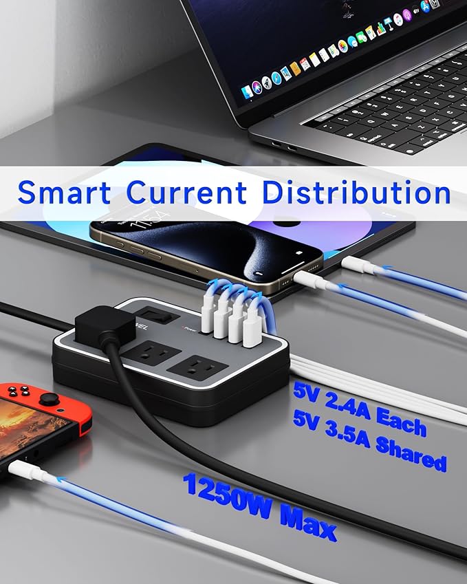 3 Outlet Power Strip with 3 USB Charging Ports and 1 USB-C Port, 1200W Extension Cord 5ft Power Cord, Black,Overload Protection Switch,No Surge Protector for Cruise Ship, Travel, Dorm, Home, Office