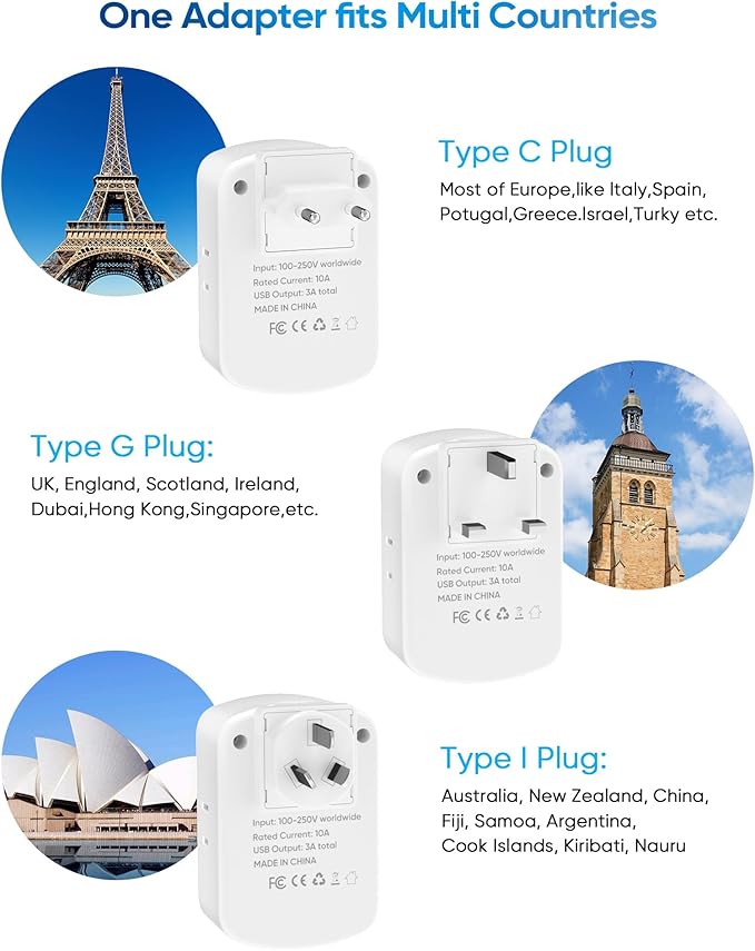 Universal Travel Adapter, Type A/C/G/I Plug Adapter, 5ft Detachable Extension Cord, 3 AC Outlets, 4 USB Ports (2 USB C), UK Europe Australia International Power Adapter
