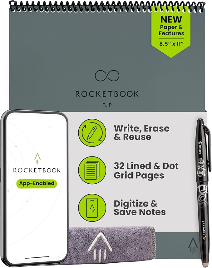 Rocketbook Flip - with 1 Pilot Frixion Pen & 1 Microfiber Cloth Included - Gray Cover, Letter Size (8.5" x 11")