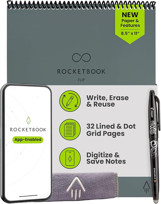 Rocketbook Flip - with 1 Pilot Frixion Pen & 1 Microfiber Cloth Included - Gray Cover, Letter Size (8.5" x 11")