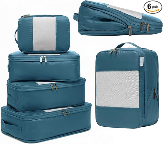 6-Pack Compression Packing Cubes Travel Essentials - Lightweight, Water-Resistant Luggage Organizer Bags with Handles, Durable Travel Accessories Suitcase Organizer (Teal)