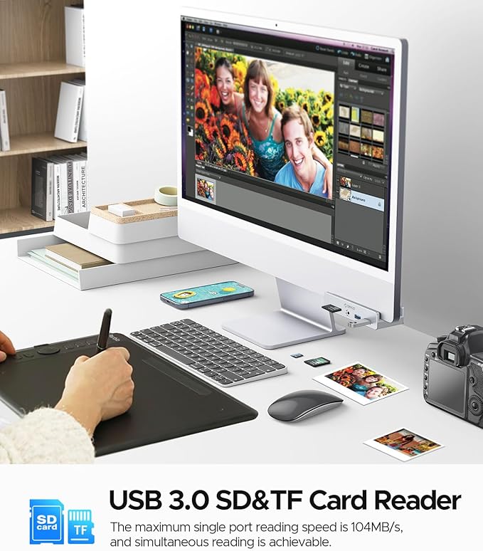 ORICO USB Hub 3.0, Clamp USB Hub with Extra Power Port, Aluminum USB C Adapter with 2 USB-A Data Ports,3.5mm AUX, SD/TF Card Reader for Desktop(Silver)