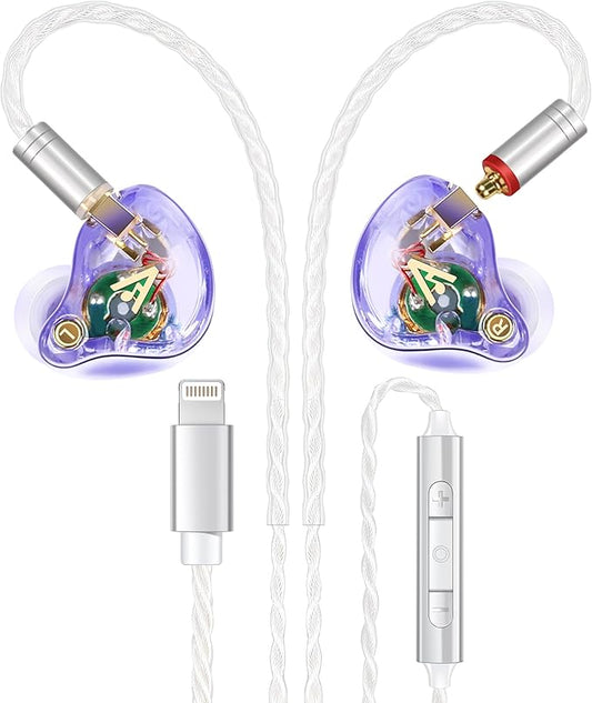 Vibes 202ML Wired Earbuds - HiFi in Ear Headphones - Noise-Isolating Ear Buds w/ Mic - Clear Sound, Deep Bass, Comfort-Fit Earphones - MMCX–Lightning for iPhone 5–14, Silver Plated Cord, Carrying Case