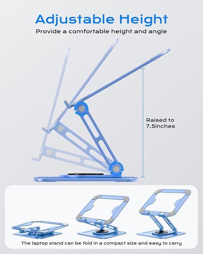 Adjustable Laptop Stand, Computer Stand with 360 Rotating Base, Ergonomic Laptop Riser Mount for Desk Foldable Protable Computer Desk Fits with MacBook Pro Air (10-16") - Blue