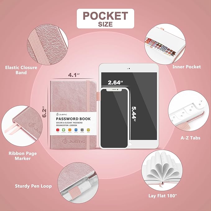 JUBTIC Password Book with Alphabetical Tabs, Small Size Internet Address & Password Keeper Logbook, Password Notebook Journal for Computer & Website Logins, Rose Gold