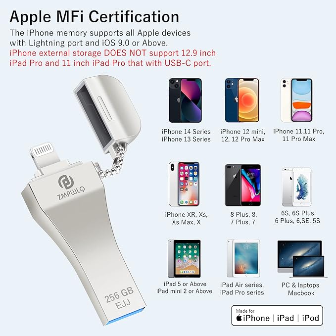 Photo-Stick for iPhone/iPad 256GB - Apple MFi Certified External Storage - USB Flash Drive for Backup & Transfer