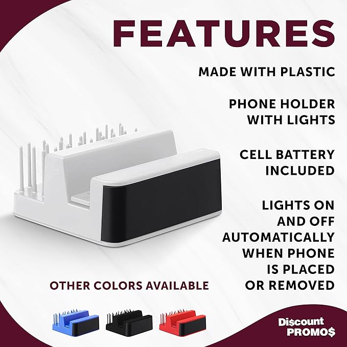 DISCOUNT PROMOS Light Up Logo Phone Stands Set of 10, Bulk Pack - Essential Smartphone Accessory, Perfect for Office and Home - White