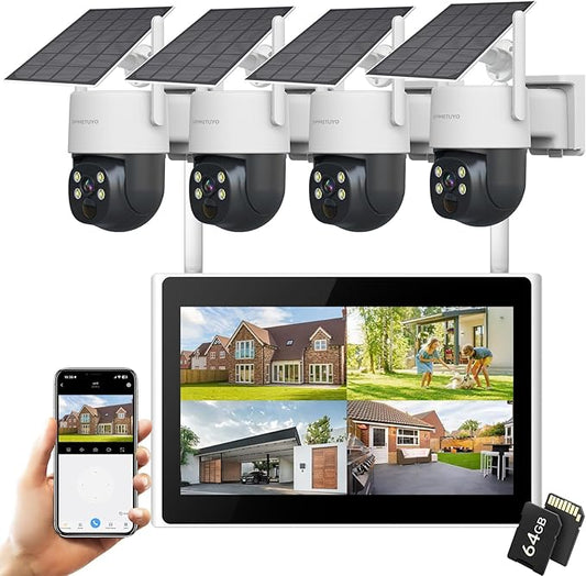 Solar Wireless Security Cameras with 10" Monitor Outdoor WiFi Security Cameras System for Home Security with 64G Card NVR Kits 360° Color Night Vision, 2-Way Audio, Expandable 10CH