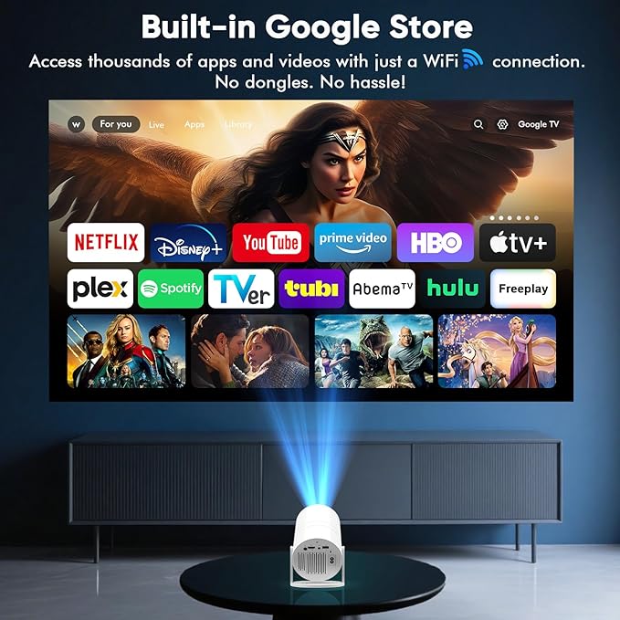 [Google Play Store & Voice Control] WISHOLY Mini Projector with WiFi and Bluetooth, Built-in Streaming Apps, Portable Movie Projector with 180° Rotatable for Outdoor, Home Theater, Movie Night