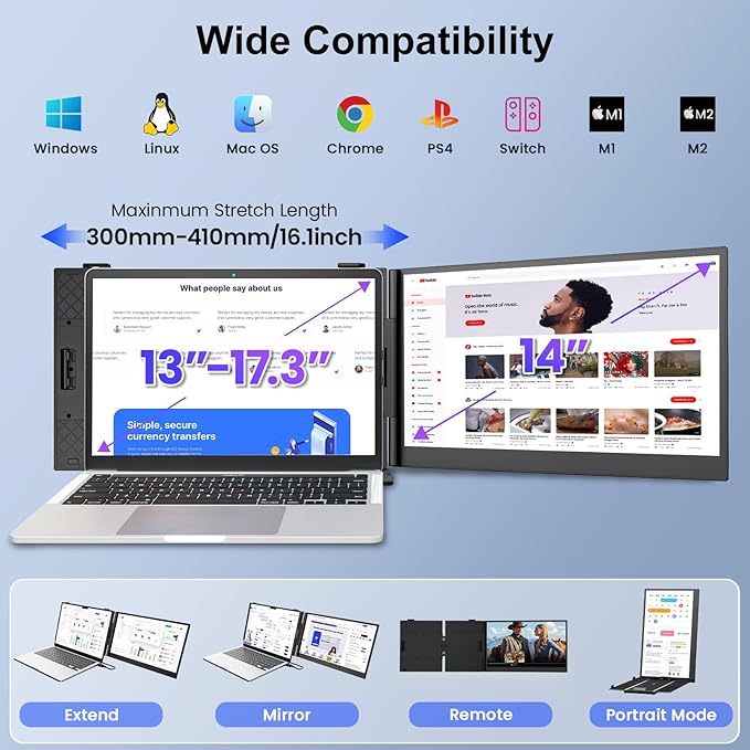 Laptop Screen Extender,14" FHD 1080P IPS Portable Monitor for Laptop,Ultra-Thin 0.17" & 1.3lbs Lightweight,Plug & Play Dual Screen for 13-17.3" Laptops,Compatible with Wins/Mac/Android/Switch/Chrome