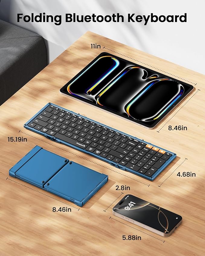 ProtoArc Foldable Bluetooth Keyboard, XK01 Folding Wireless Portable Keyboard with Number Pad, Full-Size Travel Keyboards for Windows iOS Android Tablet Smartphone Laptop PC - Dark Blue