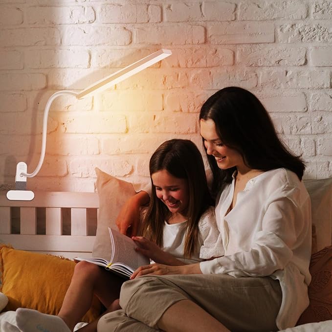 RAOYI LED Desk Lamp, 5W USB Clip on Light Eye-Caring Reading Clamp Table Lamp with 48 LEDs Flexible Gooseneck, 3 Color Modes and 14 Brightness Levels for Office Bedroom Study (White)