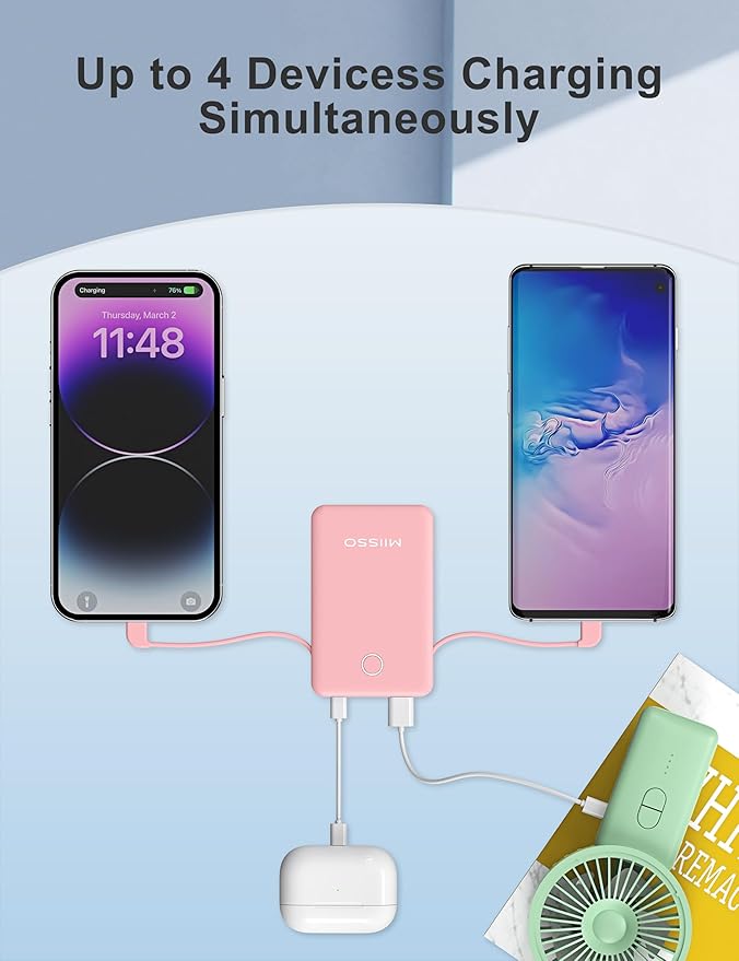 miisso 6000mah Ultra Slim Built in Cables Power Bank, Card Size Built in USB C Cords Battery Pack Portable Charger for Phones, 3 Output External Battery Pack Compatible with iPhone, Samsung, Pink