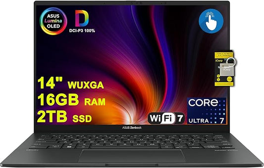ASUS Zenbook 14 Designer Laptop 14" WUXGA Lumina OLED Touch (500nits HDR, 100% DCI-P3) Intel 16-core Ultra 7 255H (Up to 13 Tops) 16GB DDR5 2TB SSD for Work Business Win11 ICP Hub w/Copilot AI