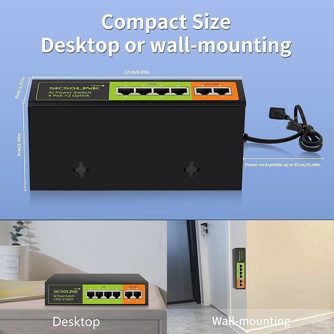 6 Ports PoE+ Switch, 4 PoE+ Ports, 2 Uplink, IEEE 802.3af/at, Total 65W, 100Mbps, Unmanaged, Metal case, Suitable for IP Cameras,Networking Devices & Home Office.