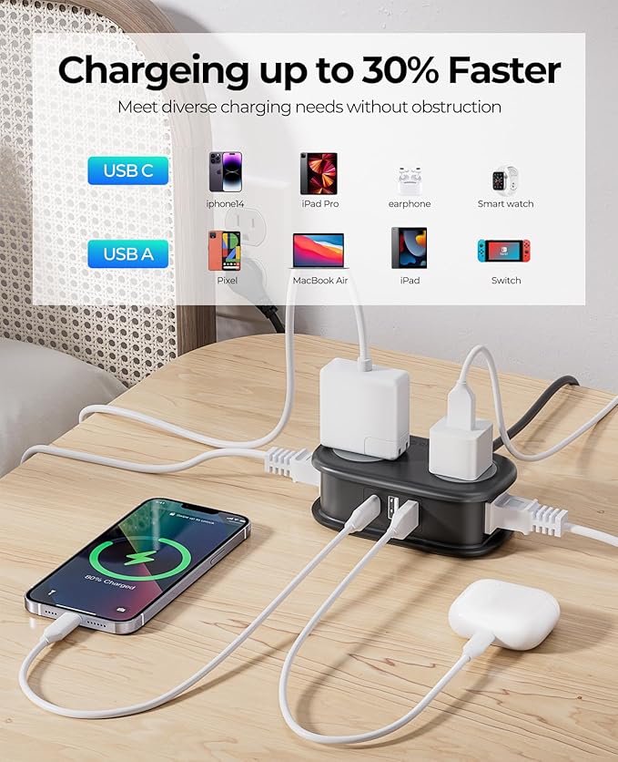 Travel Power Strip, ORICO 4 Outlets 3 USB Ports (1 USB C) with 4FT Wrapped Short Extension Cord Small Power Strip, Compact for Hotel Travel Essentials Cruise Approved-AP3