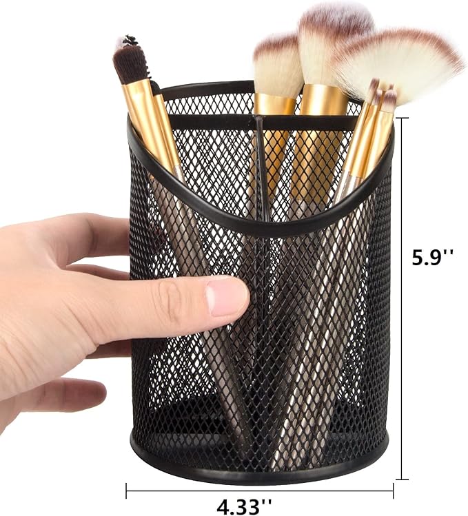 2 Pack Pen Holder Mesh Round Pencil Holder Desktop Organizer 3 Compartments, Black
