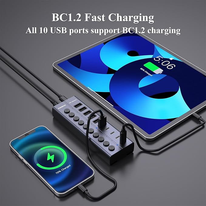 FIDECO 60W Powered USB Hub for Laptop and PC, 10-Port 10Gbps USB Splitter with 12V 5A Power Adapter, Aluminum USB 3.2 Gen 2 Multiport Adapter, 6 USB-A and 4 USB-C Ports, Support BC1.2 Charging
