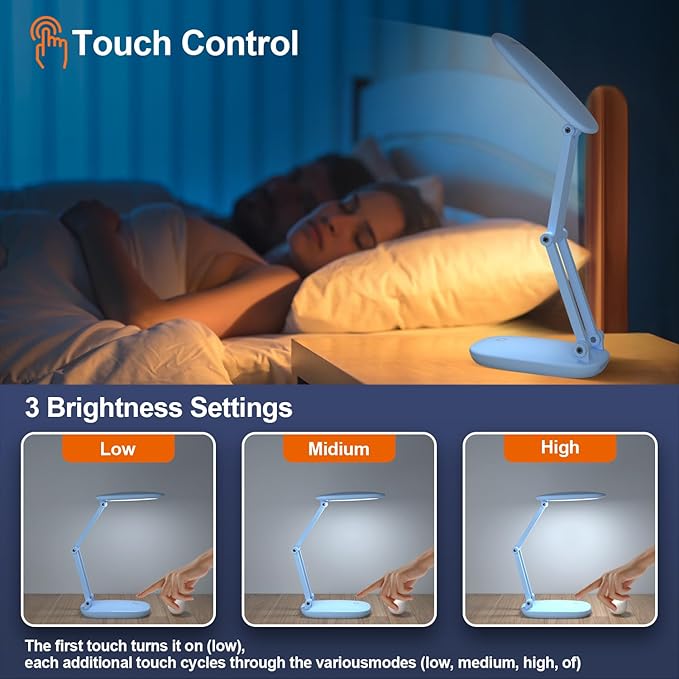 LED Desk Lamp for Office & Home, Battery Operated, Foldable & Portable Light, 2-Fold Bracket, 3 Brightness Dimmable, Wireless Reading Lamp (Blue)