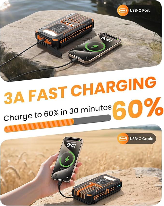SOARAISE Solar Charger Power Bank - 48000mAh Wireless Portable Charger Built-in 4 Cables and 4 Solar Panels, PD QC 3.0 Fast Charging USB C Battery Pack with Flashlight for Camping Travel