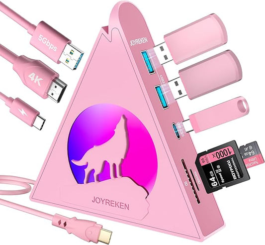 Pink USB C Hub, 8-in-1 Type C Hub with 4K HDMI, 100W Power Delivery, 5Gbps USB-C, 3xUSB-A 3.0, SD/TF Card Reader, RGB Lighting, Pink Dock for MacBook Air/Pro, iPad, iPhone16, Surface, XPS, etc.