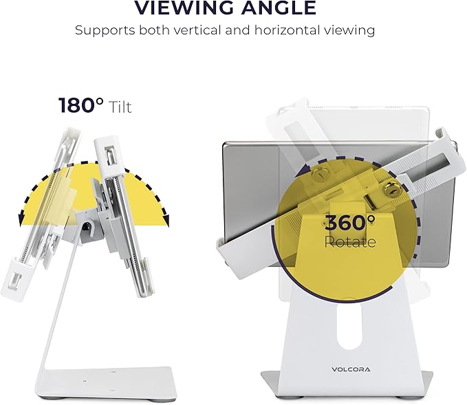 Volcora Anti-Theft Tablet Stand iPad Security Holder with Lock, White 10-13 Inch Kiosk Stand Mount, Swivel, Adjustable, for iPad Pro, Air, POS Register, Retail Business, Checkout, Cashier