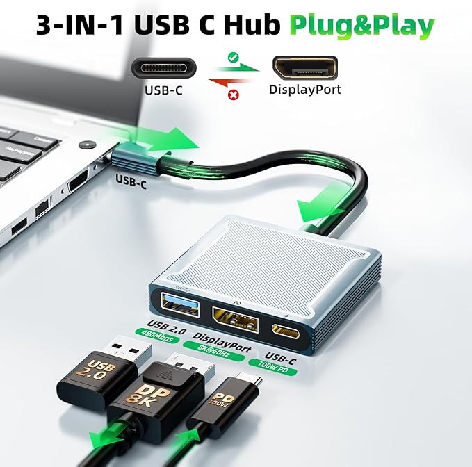USB C to DisplayPort Multiport Adapter Dock, BolAAzuL 3-in-1 Type C Hub with 1xDP 1.4 + 1xUSB 2.0 + 1xPD Charging Port(Type C), 8K 60Hz/ 100W PD/DP ALT Mode Supported for Macboo pro, iPad pro, Monitor