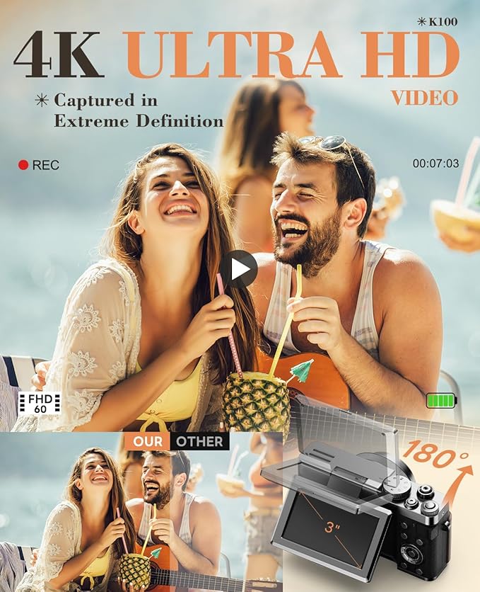 TURE 48MP 4K Digital Camera for Photography & YouTube Vlogging - 18X Zoom UHD Autofocus Video Camera with 3" 180° Flip Screen, 32GB SD Card & 2 Batteries - Compact Travel