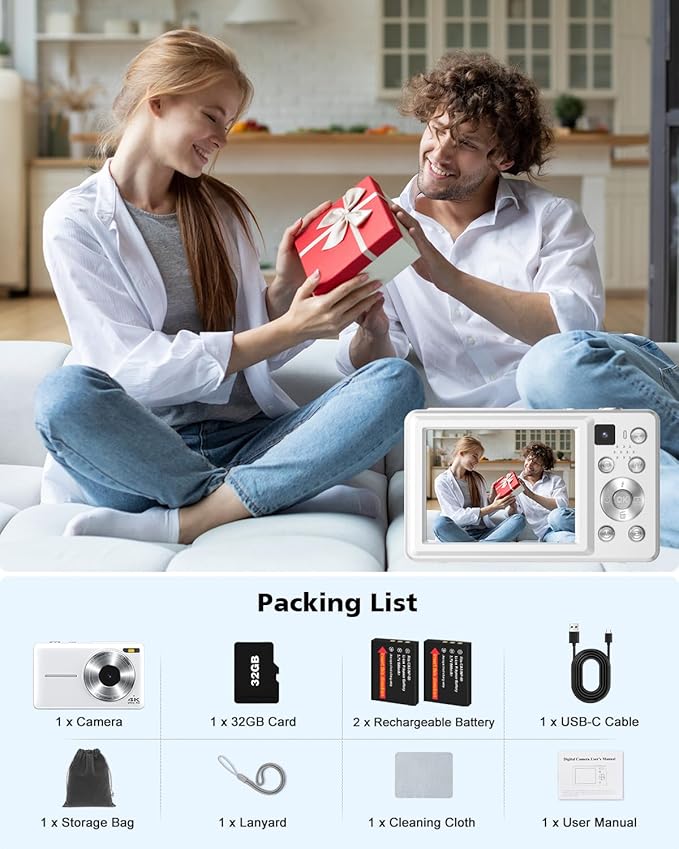 4K Digital Camera, 64MP Autofocus Vlogging Camera with Front Rear Lens, Flash, 16X Zoom, Anti-Shake, 32GB Card, Compact Point Shoot Camera for Teens Adult Beginner Travel Photography(White)