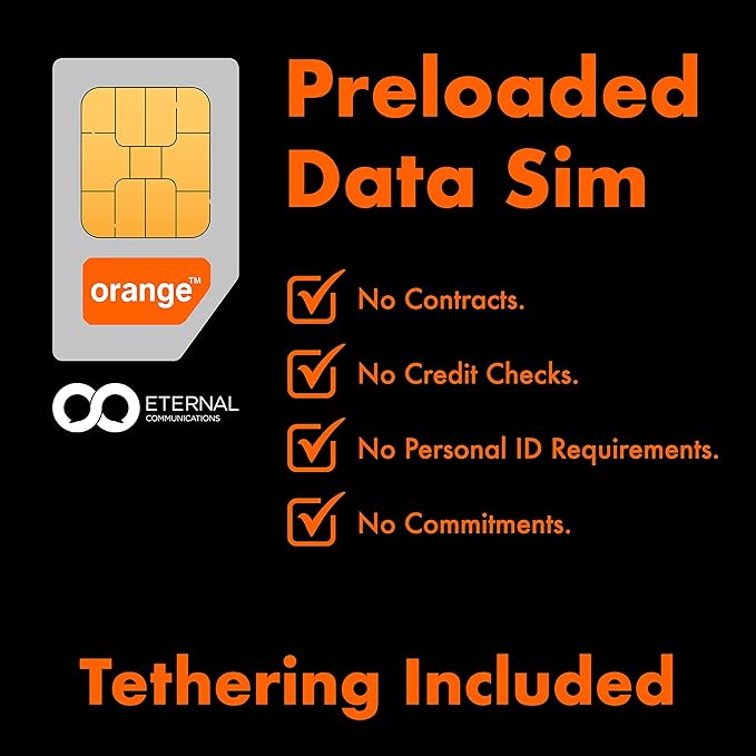 Preloaded Orange Travel Sim Card Now with 100GB of 5G Data, Unlimited Calls & SMS in Europe, 120 mins & 1000 SMS from Europe to Worldwide (Lasts for 31 Days). Tethering Allowed