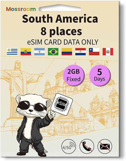 eSIM for 8 Countries in South America Trave Internationa Travel,4/5G LTE Prepaid 5 Days Plan,2GB Daily Data Only