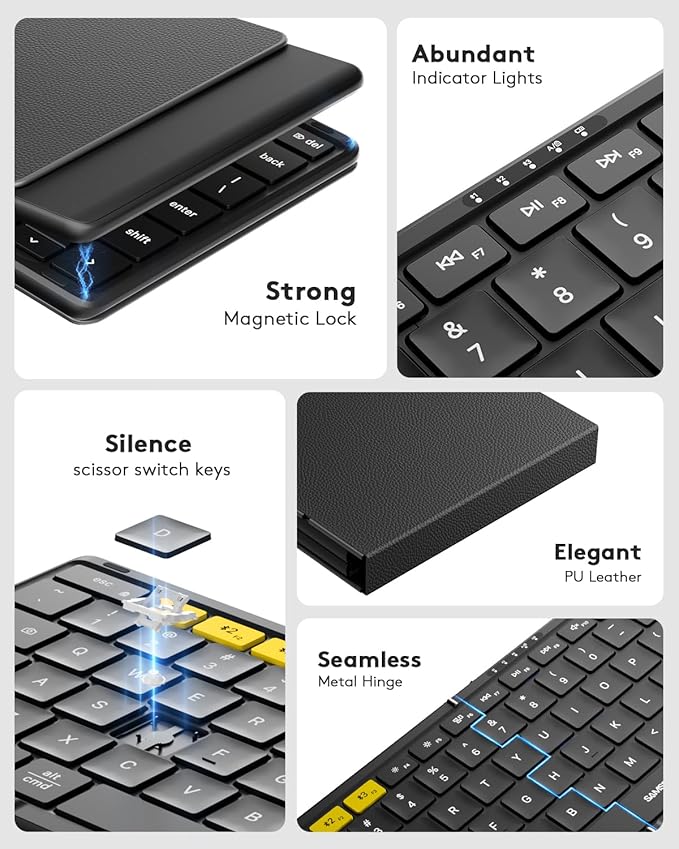 Samsers Full-Size Foldable Bluetooth Keyboard, KF08S Wireless Folding Keyboards with PU Leather Cover, Portable Travel for iPhone iPad Smartphone Tablet Laptop, Android Windows Mac OS, Black