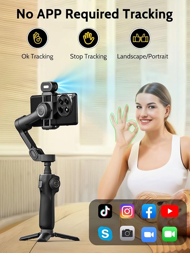 AOCHUAN 3-Axis Gimbal Stabilizer for iPhone & Android,NO APP AI Tracking,7.8' Built-in Extension Rod,Phone Stabilizer for Video Recording,OLED Display,Trigger Button,Sport,Vlogging(Smart V8 AI Black)