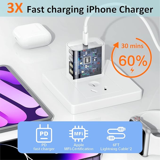 iPhone Fast Charger, iPhone Charger Fast Charging 2Pack PD 6FT Type C Quick USB C to Lightning Cable Cord Fast Charger iPhoneUSB C Wall Block Plug for iPhone14 13 12 11 Pro Max XR XS X, iPad, AirPods