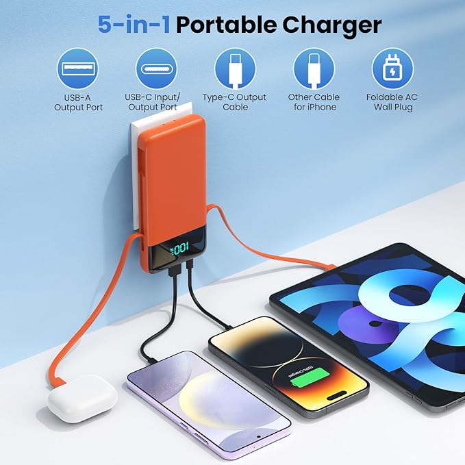 AONIMI Portable Charger 13800mAh Power Bank with Built-in Cables,LCD Display Fast Charging USB C Battery Pack,4 Outputs Travel Essential Portable Phone Charger for iPhone 16/15/14/13,Android (Orange)