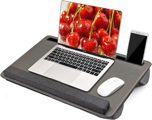 Large Lap Laptop Desk - Full PU Material Mouse Pad Gaming Tray - Portable LapDesk with Phone Holder & Wrist Rest for Notebook, MacBook, Tablet, Bed, Sofa(Gray, Fit Up 17.3-in Laptops)