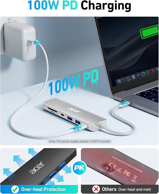 Acer USB C Dock, 7 in 1 USB C to HDMI Hub, 2 USB 3.1 GEN1 and 5Gbps Type-C Data Port, 4K HDMI Port, PD 100W Charging, SD Card Reader, for iPad Pro MacBook Pro Acer Laptops and More (Silver)