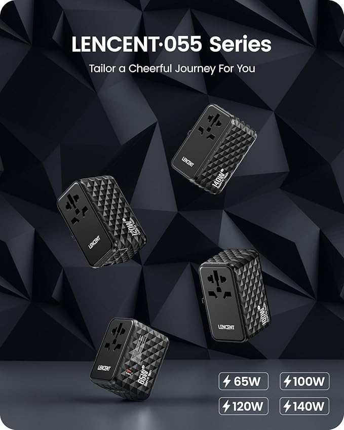 LENCENT 100W International Travel Adapter, GaN Universal Travel Adapter with 2 USB-A & 2 Type C Power Adapter, Fast Charger for Phone,Laptops, Worldwide Plug Adapter for USA/UK/EU/AUS, Black