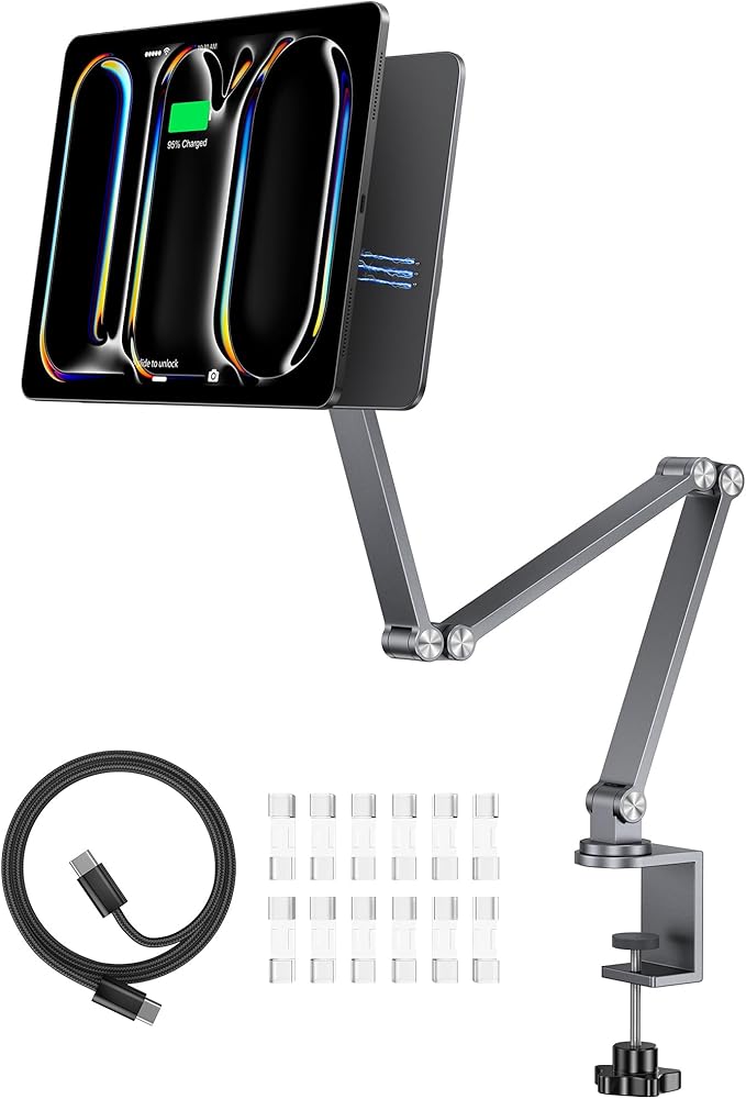 LULULOOK [Upgrade] Magnetic Wireless Charging Stand for iPad Pro 13" M4 Only, Aluminium Alloy iPad Stand for Desk with Foldable Long Arm, 360° Adjustable Tablet Holder with 2M USB C Cable