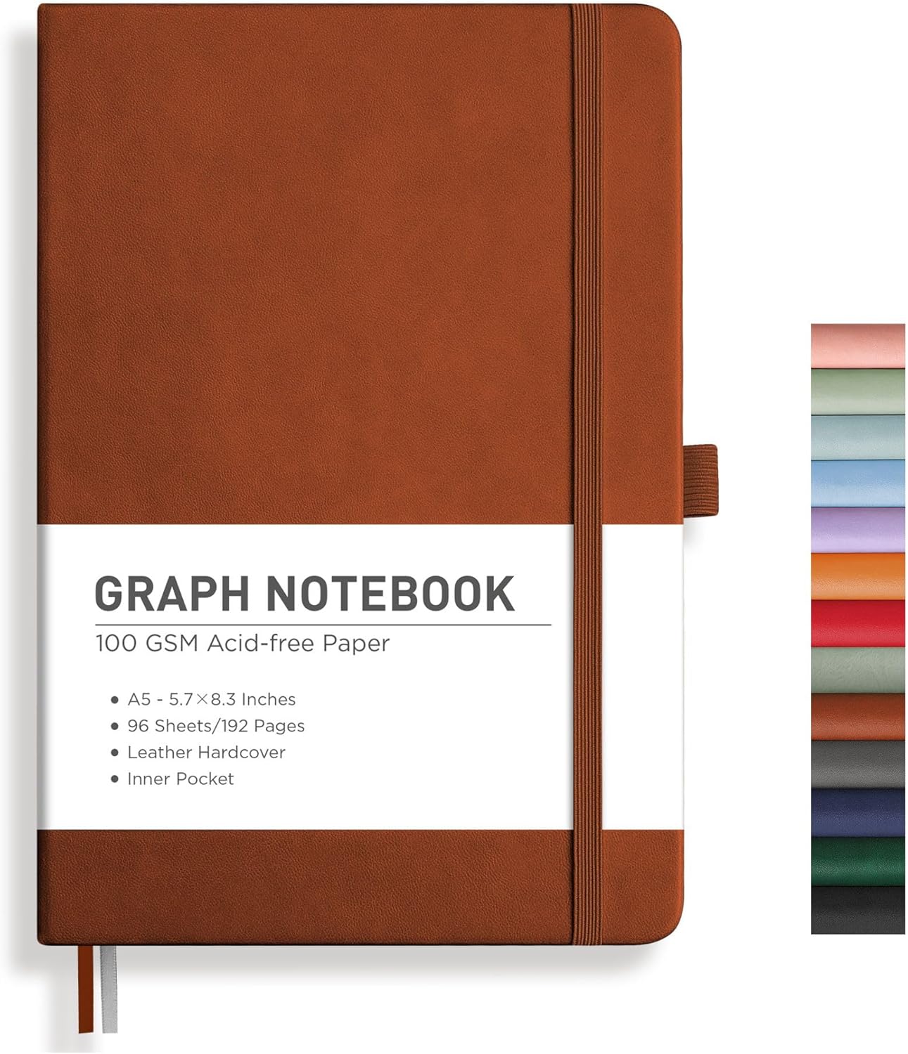 RETTACY Graph Grid Paper Notebook, 192 Pages, A5 Medium Size (5.7'' x 8.3''), 5 Squares per Inch, Leather Hardcover, 100 GSM Thick Paper, for School, Students, Math, Engineering (Brown)