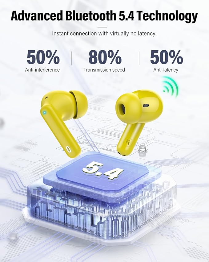 Wireless Earbuds, Bluetooth 5.4 Headphones Bass Stereo, Ear Buds with Noise Cancelling Mic, LED Display in Ear Earphones Clear Calls, IP7 Waterproof Bluetooth Earbuds for Laptop/Phones/Sports, Yellow