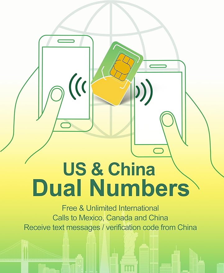 Prepaid SIM Card USA $25/mo - 5GB/Mo. 5G/4G LTE Data + One SIM Dual Number (US & China) + Unlimited US/China/Canada/Mexico Talk & Global Text, Wi-Fi Calling, 3 in 1 SIM Card Included