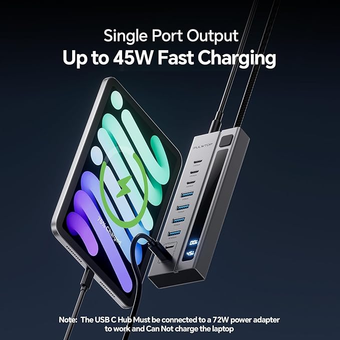 Powered USB C Hub, PULWTOP 9-in-1 USB Hub Support 10Gbps Data&PD 45W Max Charging, USB HUB Adapter for MacBook, iMac, iPad, Phone, and Other Laptops (Not Support Video and Power Adapter Not Included)