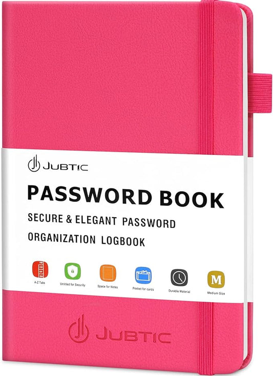 JUBTIC Password Book with Alphabetical Tabs. Medium Size Password Keeper Logbook for Internet Log in, Website Address. Hardcover Password Journal Notebook & Organizer for Home Office, Hot Pink
