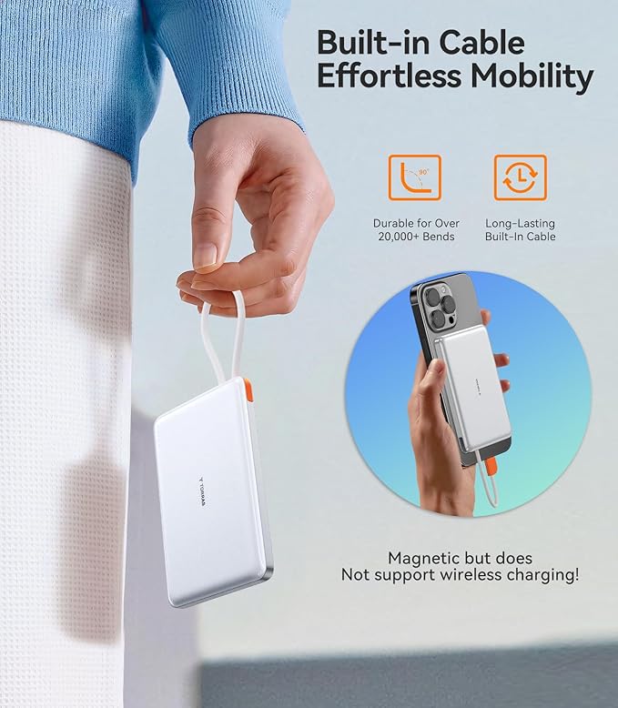 TORRAS Power Bank with Built-in USB-C Cable, Ultra-Slim 10,000mAh Portable Charger USB C, 22.5W Fast Charging Battery Pack for iPhone 17/16/15 Series, Phone air, Galaxy, Pixel, White (No-Wireless)