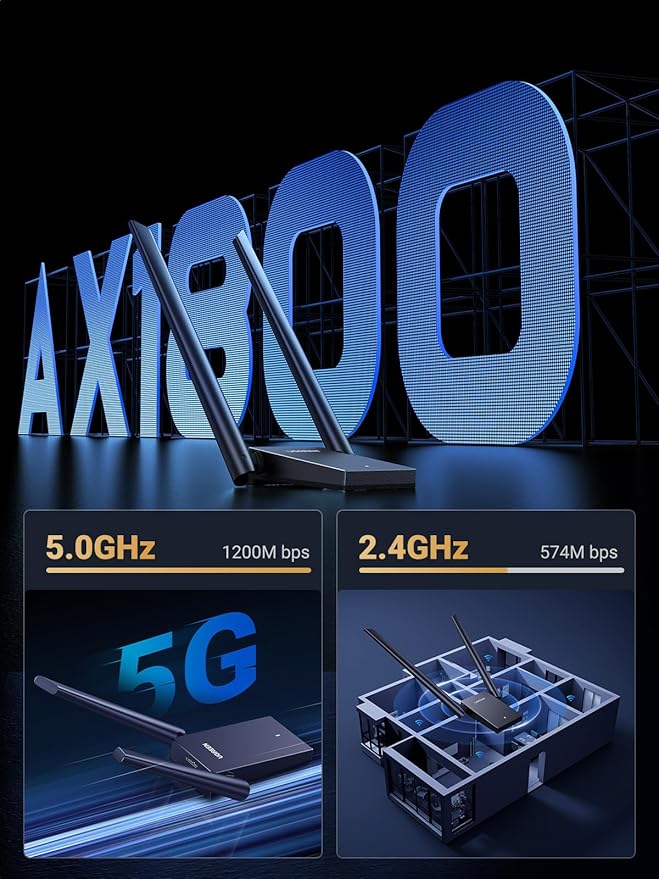 UGREEN WiFi Adapter, AX1800 WiFi 6 Adapter for Desktop PC with Dual 5dBi High Gain Antennas, 5G/2.4G Dual Band, WAP3-SAE, 3FT USB 3.0 to Micro USB 3.0 Cable, WiFi Dongle Supports Windows 10/11