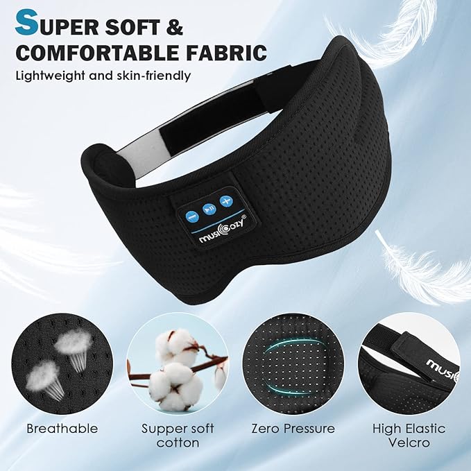 MUSICOZY Sleep Headphones, Bluetooth Sleeping Mask Headband Headphones Eye Mask, Wireless Music Earbuds Earphones with HD Ultra-Thin Stereo Speakers for Side Sleepers Men Women