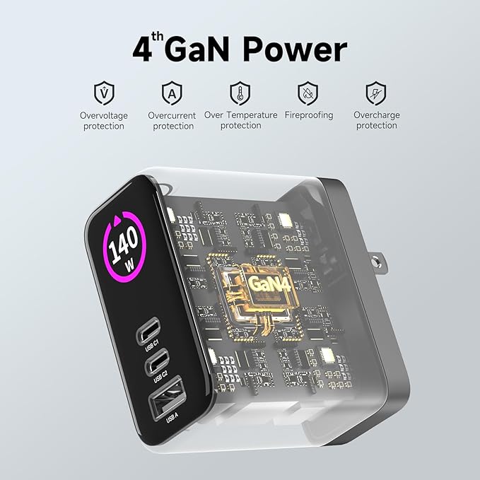 140W MAX USB C Charger | 3-Port Fast Charging Station (2xUSB-C PD3.1 + USB-A QC3.0) | Intuitive Touch Controls, for for MacBook, iPhone 17/16 Series, Samsung Galaxy, Pixel and More