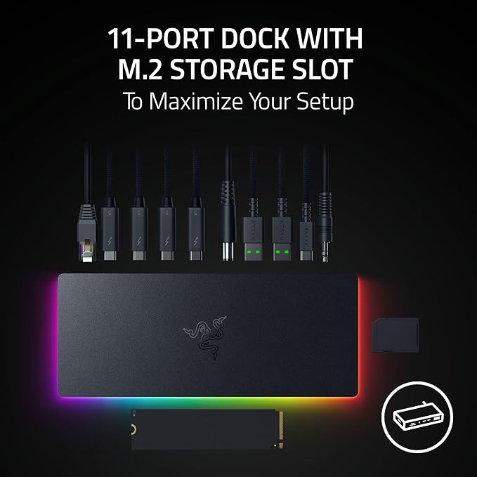 Razer Thunderbolt 5 Dock Chroma: 11 Port Docking Station with M.2 SSD Slot - 120Gbps Transfer Speeds - 3X 4K Displays at 144 Hz on TB5/4 Laptops - 140W PD Charging - Active Cooling - TB Share - Black
